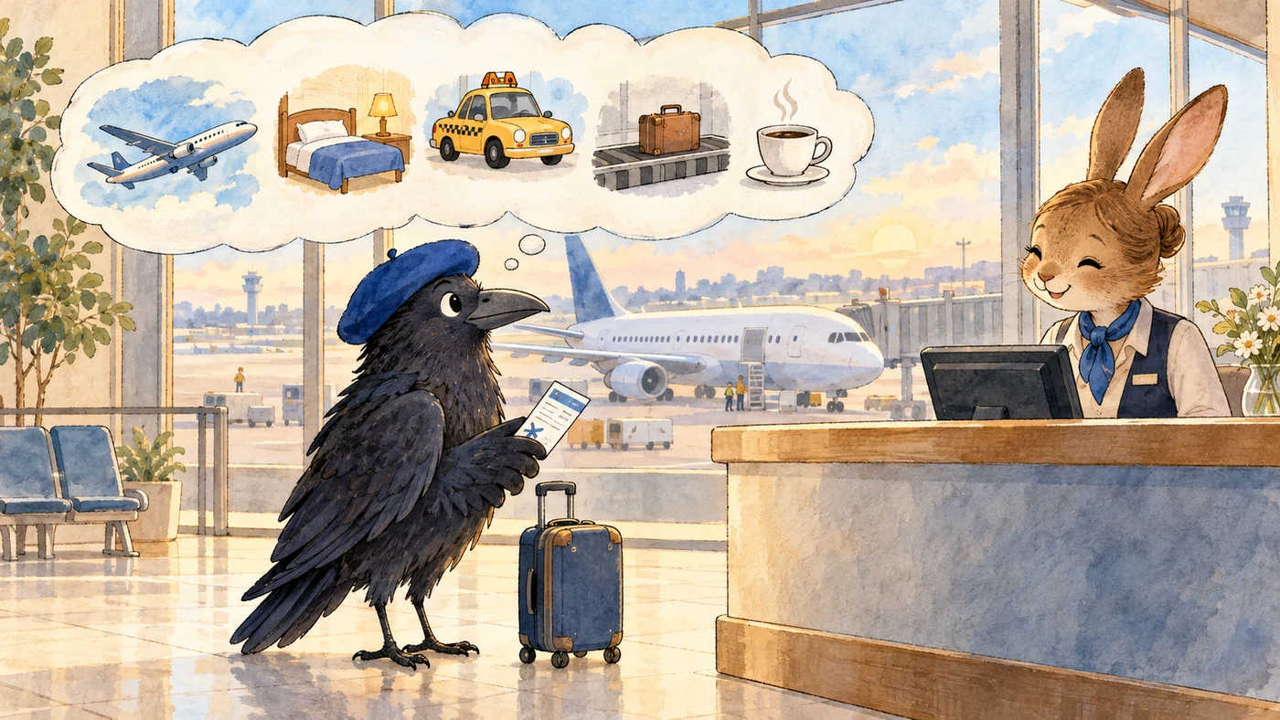 Dibujo en acuarela: un cuervo con boina azul está con una maleta en el mostrador de facturación del aeropuerto y sostiene un billete en su ala, encima de él una nube con pictogramas de un avión, una cama de hotel, un taxi, una maleta en una cinta transportadora y una taza de café