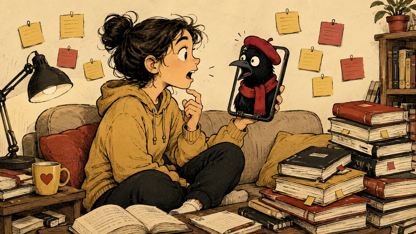Un hombre con un teléfono se sienta entre un montón de libros de texto y abre la boca para decir la primera frase en voz alta, mientras un cuervo con boina lo mira sorprendido desde la pantalla.