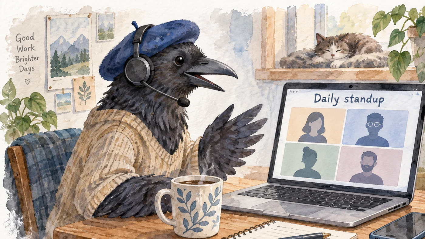Dibujo en acuarela: un cuervo con boina azul y auriculares con micrófono sentado en un escritorio, frente a él un portátil con una videollamada de cuatro participantes y la leyenda "Daily standup", al lado una taza y un cuaderno