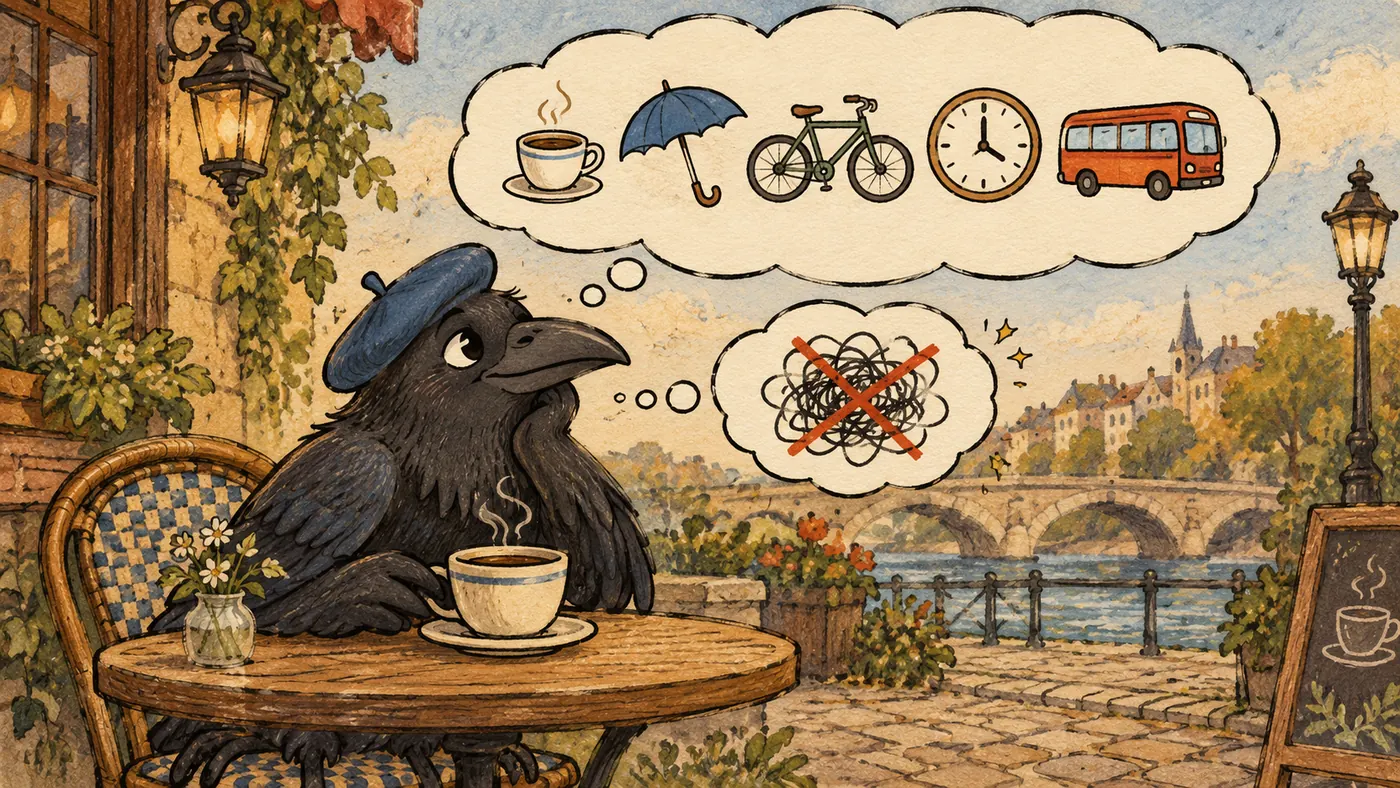 Ilustración: un cuervo con una boina azul sentado en una mesa de café con una taza de café, sobre él una nube de pensamientos con pictogramas (taza, paraguas, bicicleta, reloj y autobús) y al lado una nube tachada de garabatos
