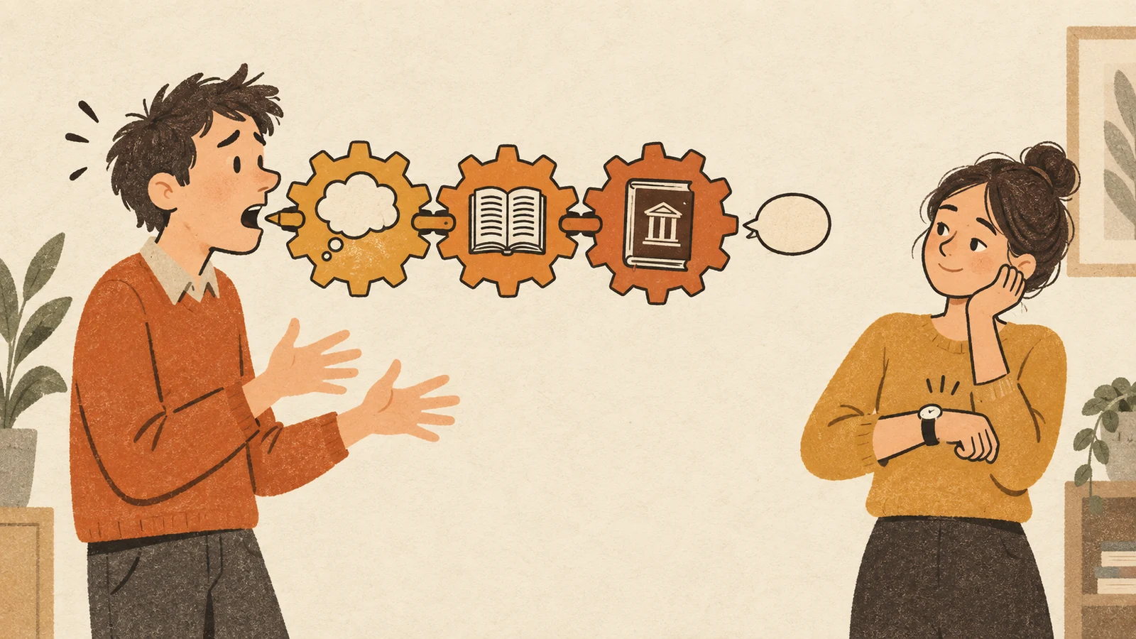 Ilustración: de la boca abierta de una persona sale una cadena de tres engranajes —pensamiento ruso, vocabulario y libro de gramática—, y solo después de ellos sale una palabra corta en inglés, mientras el interlocutor de al lado mira su reloj