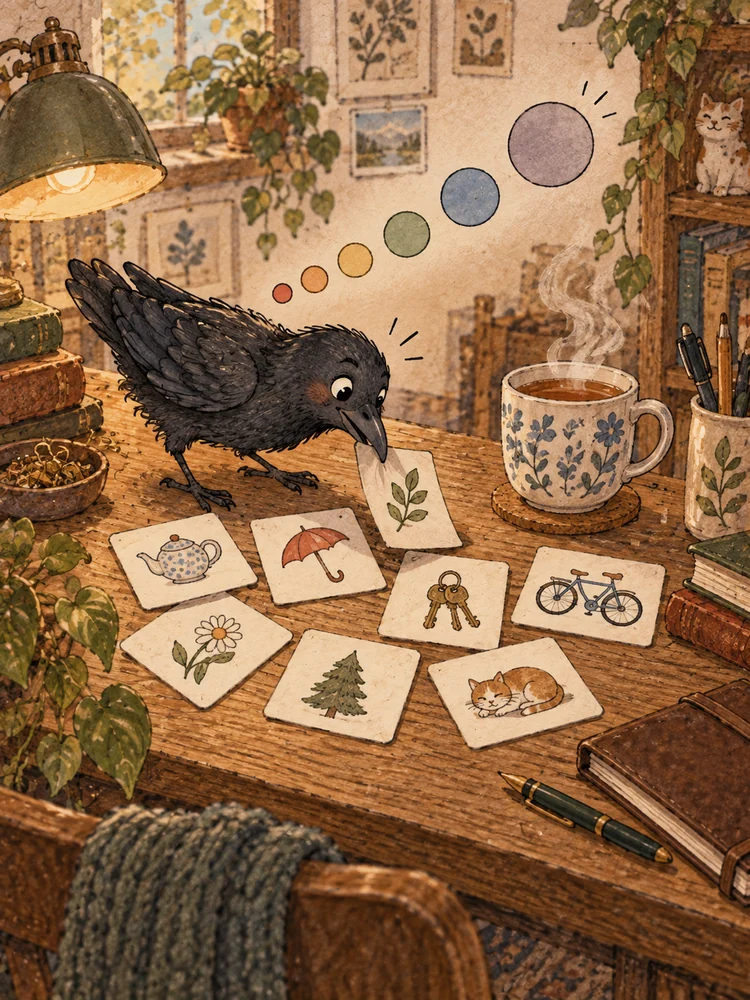 Ilustración: sobre una mesa hay tarjetas con dibujos de una tetera, un paraguas, llaves y una bicicleta, encima de ellas seis círculos escalonados, un cuervo voltea una tarjeta con el pico