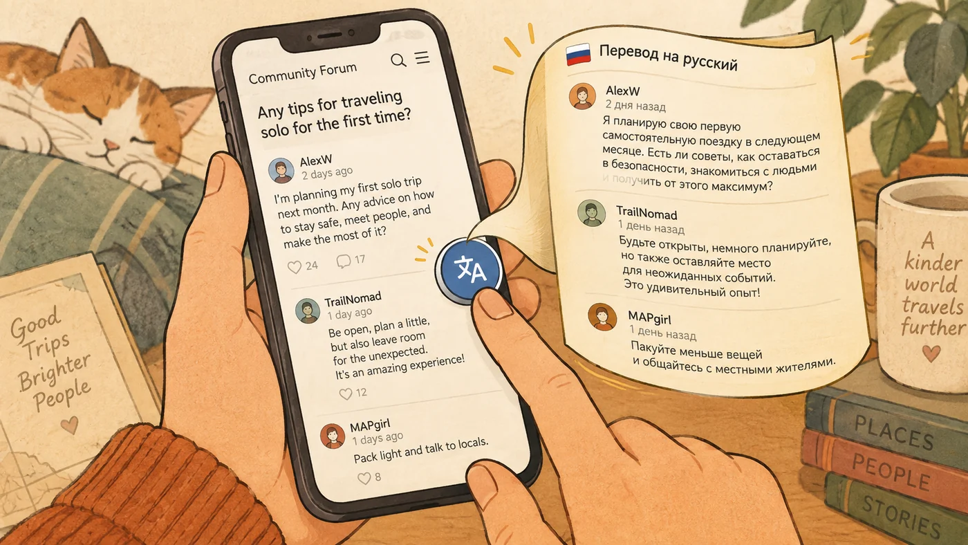 Ilustración: un teléfono en las manos con un hilo de un foro en inglés, un botón de traducción redondo sobre la pantalla, y al lado se despliega una hoja con las mismas réplicas en ruso