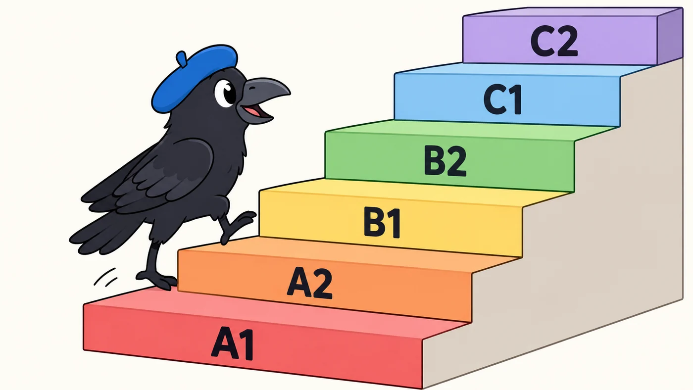 Ilustración: un cuervo con una boina azul sube una escalera de colores, cuyos escalones están etiquetados A1, A2, B1, B2, C1 y C2