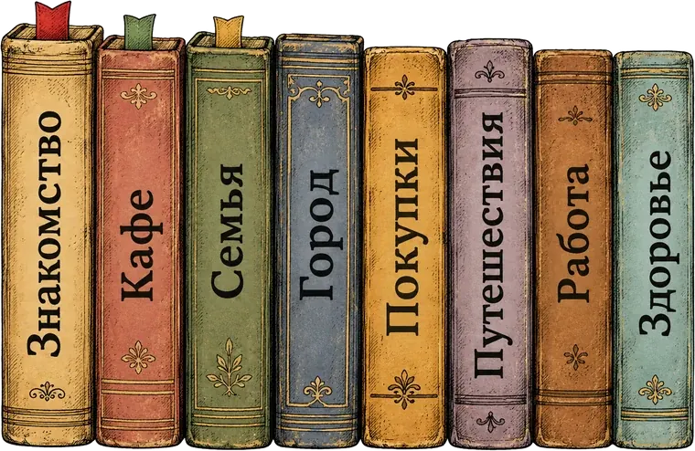 Ocho libros: Presentación, Café, Familia, Ciudad, Compras, Viajes, Trabajo, Salud