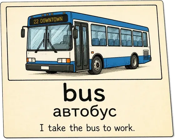 Tarjeta de la palabra bus — autobús con imagen y ejemplo