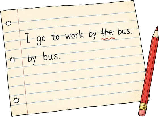 I go to work by the bus — la palabra the tachada, abajo by bus